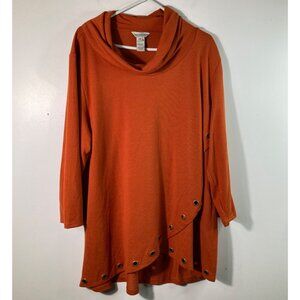 Womens Multiples Mock Neck 1/2 Sleeve Tunic Grommet Detail Orange 2X Polyester S